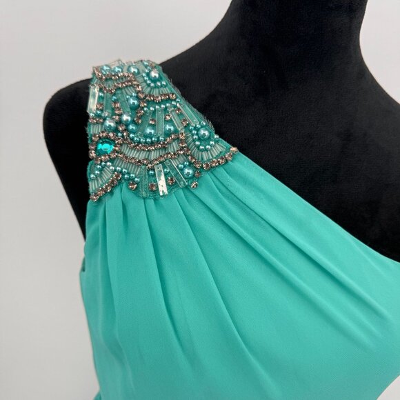 Badgley Mischka Cache Prom Dress Womens 6 Turquoise One Shoulder Embellished - Picture 5 of 8